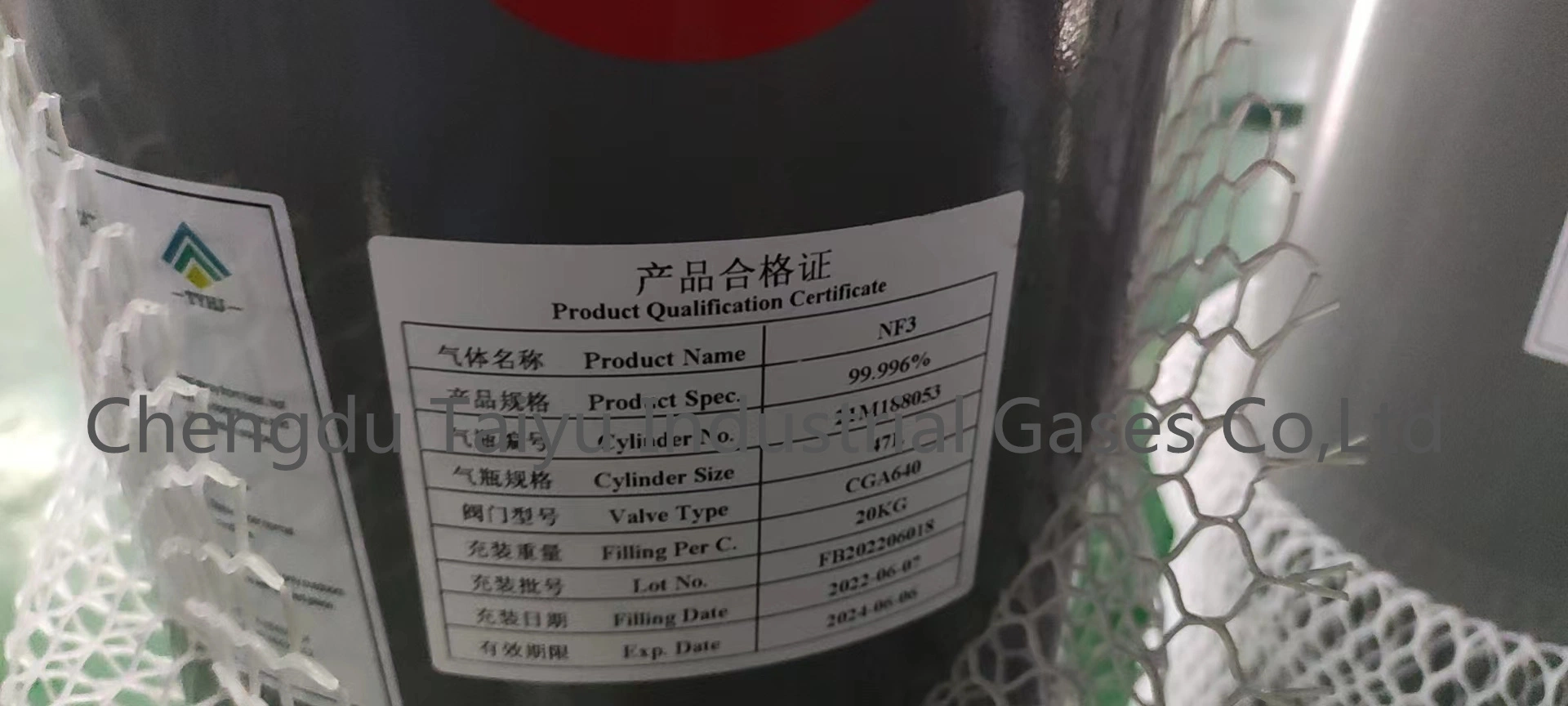 Trifluoruro de nitrógeno de grado electrónico 4n6 NF3 Gas 195kg en 440L Cilindro de acero