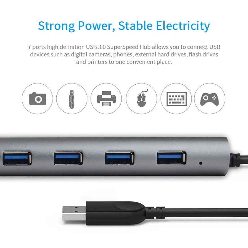 Concentrateur en aluminium 7 ports USB 3.0 haute qualité réversible avec alimentation Adaptateur