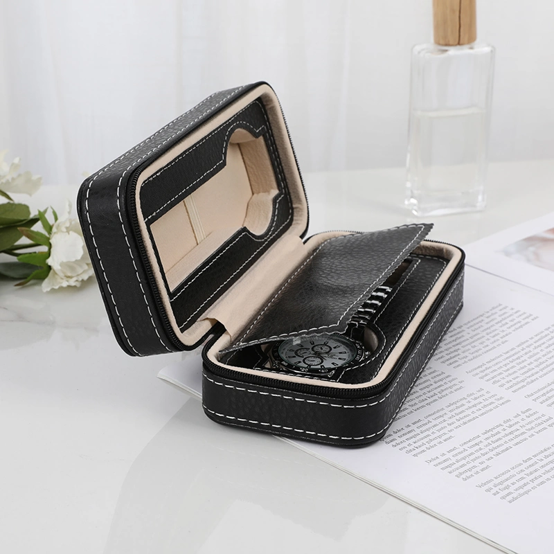 Spot Black Lychee Pattern 2 Slots Watch Storage Box European Fashion Exquisite Watch Leather Zipper Bag