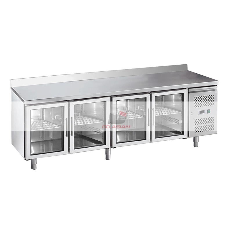 Stainless Steel Commercial Kitchen Equipment 4 Glass Door Chiller Gn Counter with Backsplash