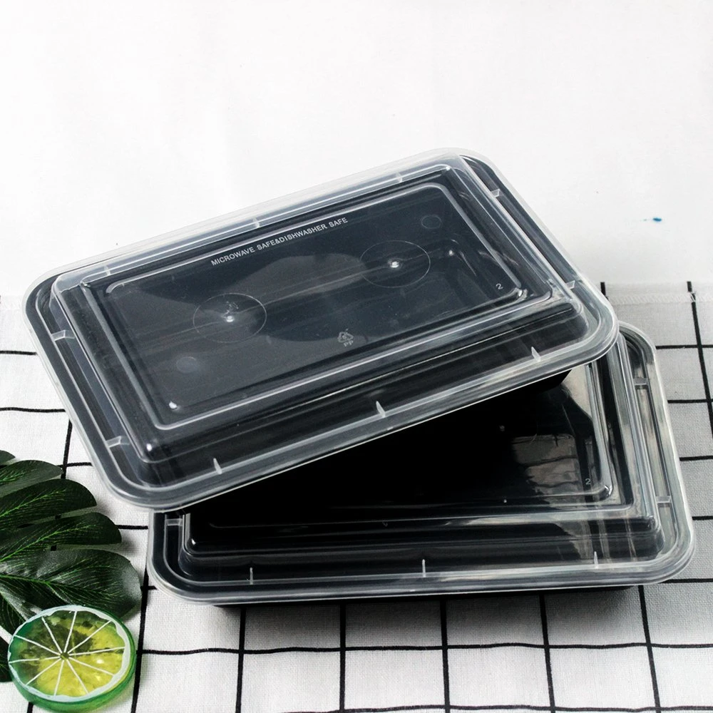 Custom Disposable Plastic Tableware 218mm Length PP Plastic Rectangle Black Box with Lid for Fast Food