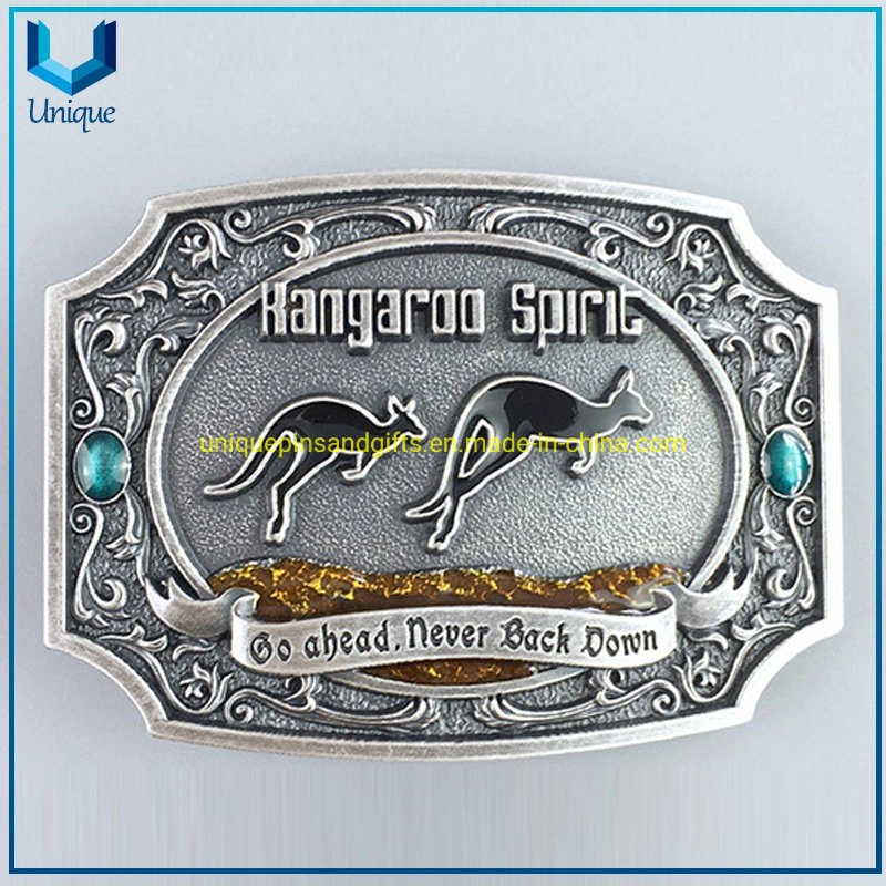 Custom Austrália Kangaroo Metal Buckle, Antique Silver 3D Belt Buckle em alta qualidade