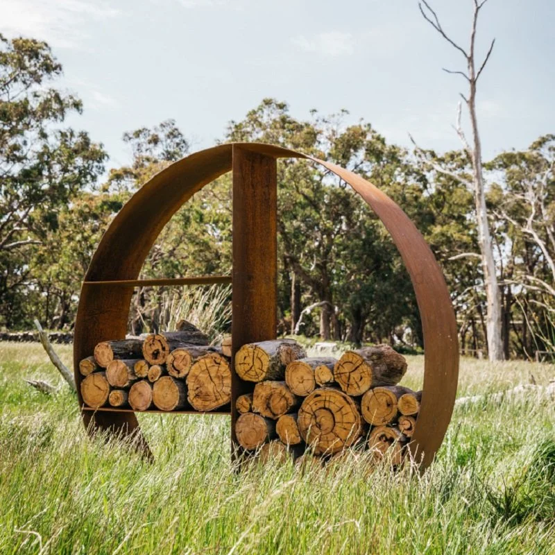 Metal Log Store Outdoor Round Wood Storage Stand in Corten Steel