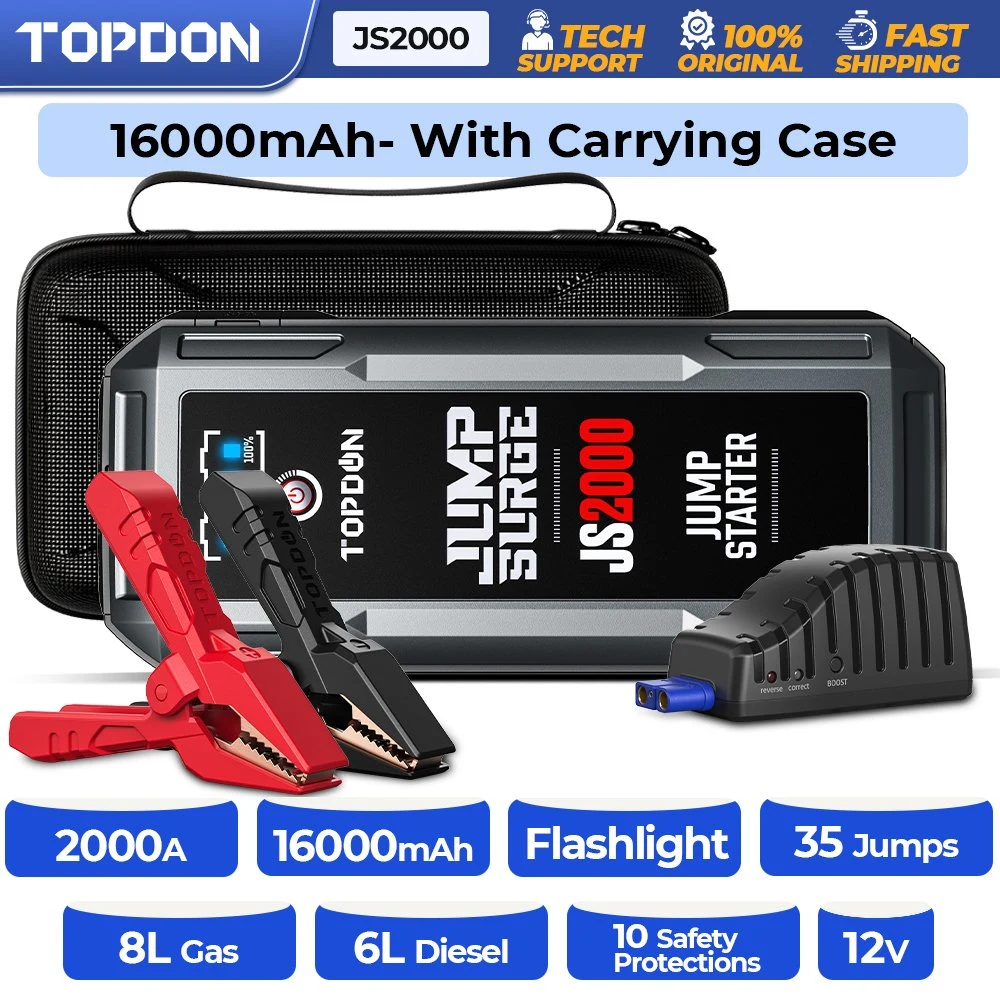 Topdon Js2000 2000A 12V 16000mAh 35 Starts Per Charge Portable Emergency Auto Battery Boost Booster Jumper Box Pack Kit Power Bank Car Peak Mini Jump Starter