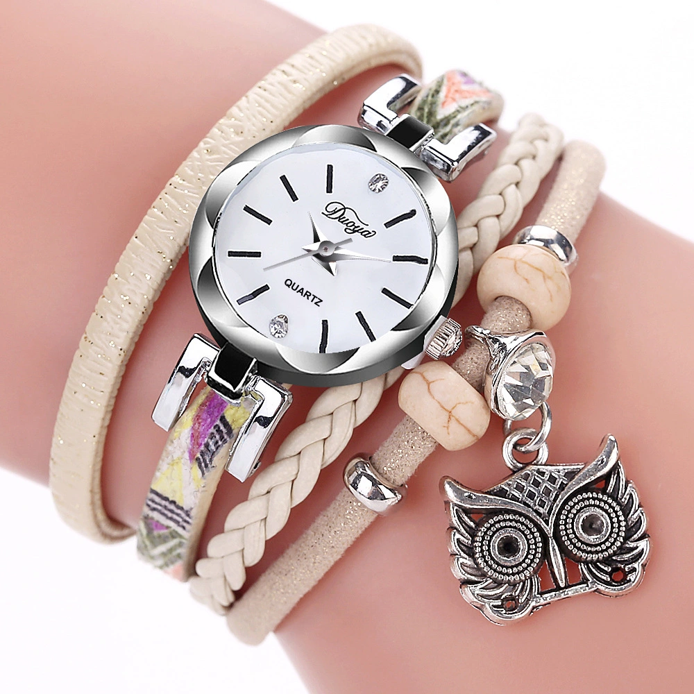 Sport Girls Reloj de muñeca Analog Quartz trenzado cuero muñequera Reloj Owl colgante pulsera relojes Esg13634