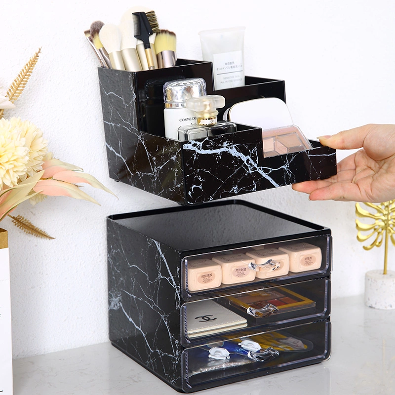 Medium Dresser Cosmetic Case Makeup Organizer Jewelry Boxes with Logo Square Black Marble Plastics Makeup Organizer