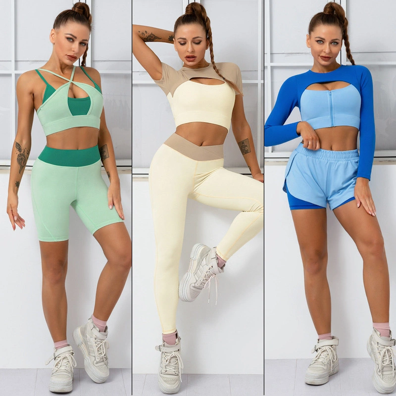 Nuevo espacio europeo y americano hueco de la moda de ropa de Yoga ropa para mujeres, atractivos colores personalizados doble Patchwork Activewear 7pcs Casual Fitness Conjunto de prendas de vestir