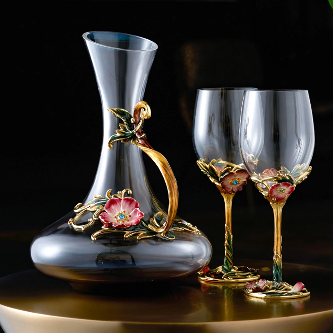 Flower Language Daisy Wine Glass Three-Piece Enamel Craft Wine Glass Decanter Set