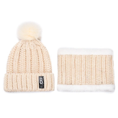 Winter Knitting Hat Lady Lovely Fur Ball Fleece Warm Two-Piece Beanie