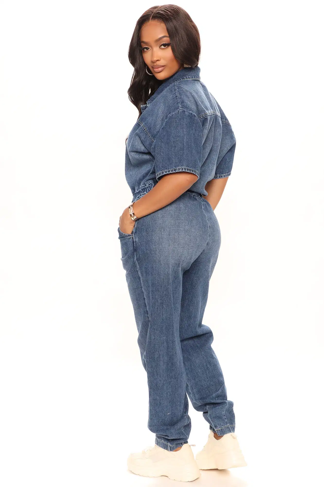 La mujer Non-Stretch Collar de manga corta vestido elástico cintura lavar Denim Jumpsuit emparejador