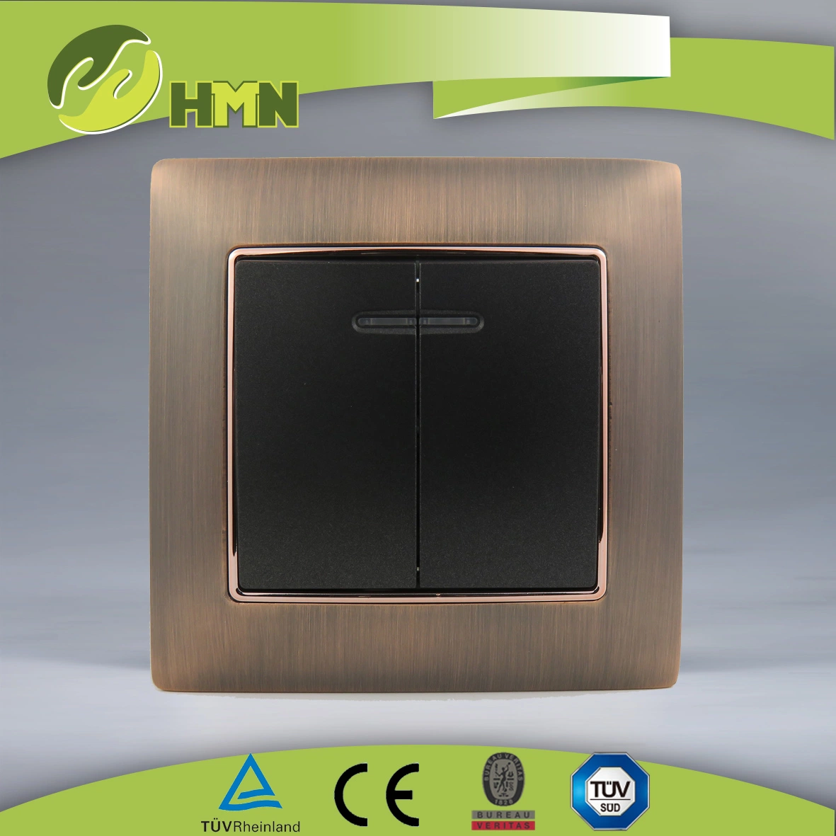 Ce/TUV/BV Certified European Standard Metal Zinc 2Gang with LED SILVER Wall Switch