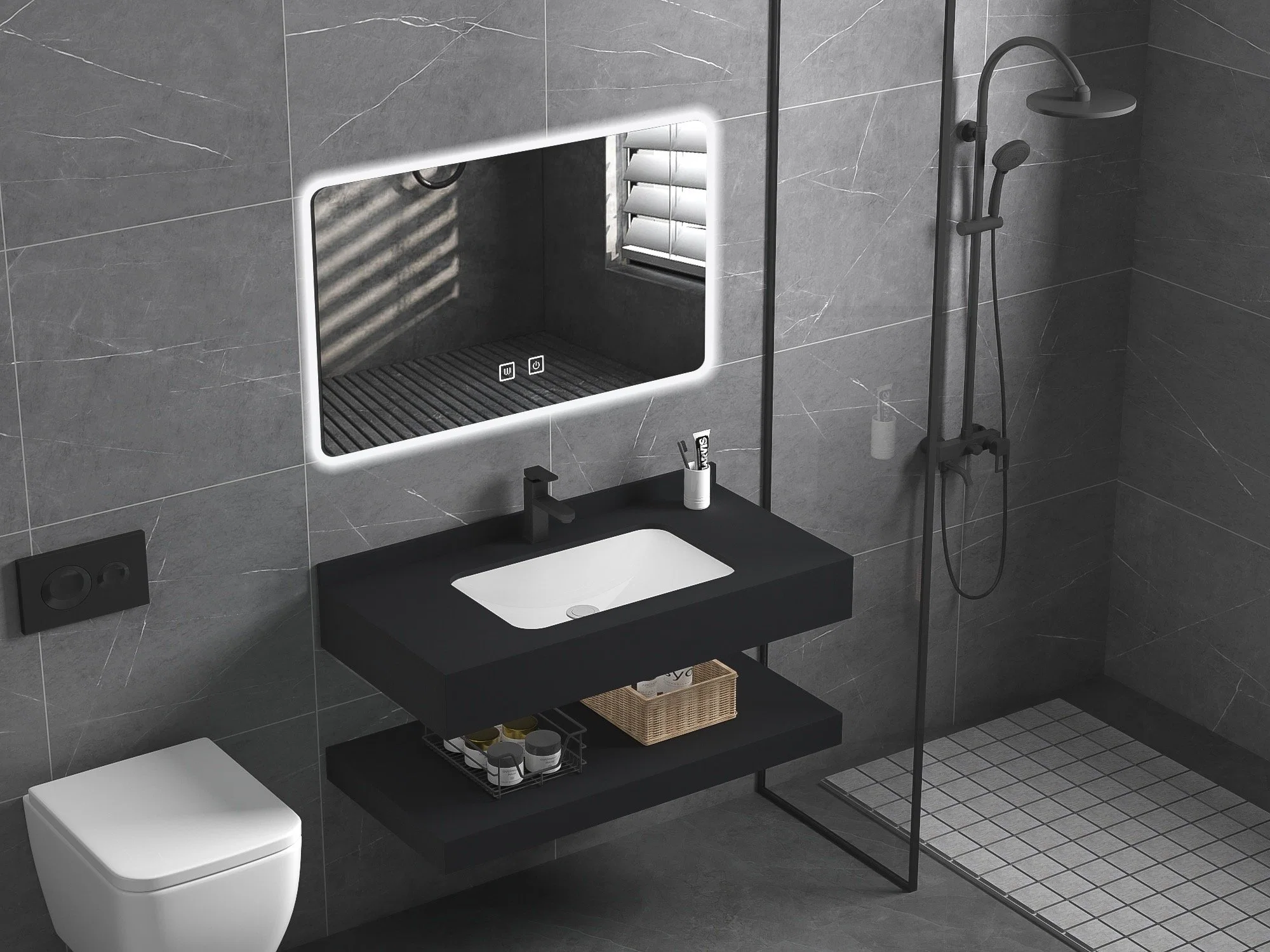 Meuble-lavabo en marbre mural pour salle de bain avec éclairage et armoires