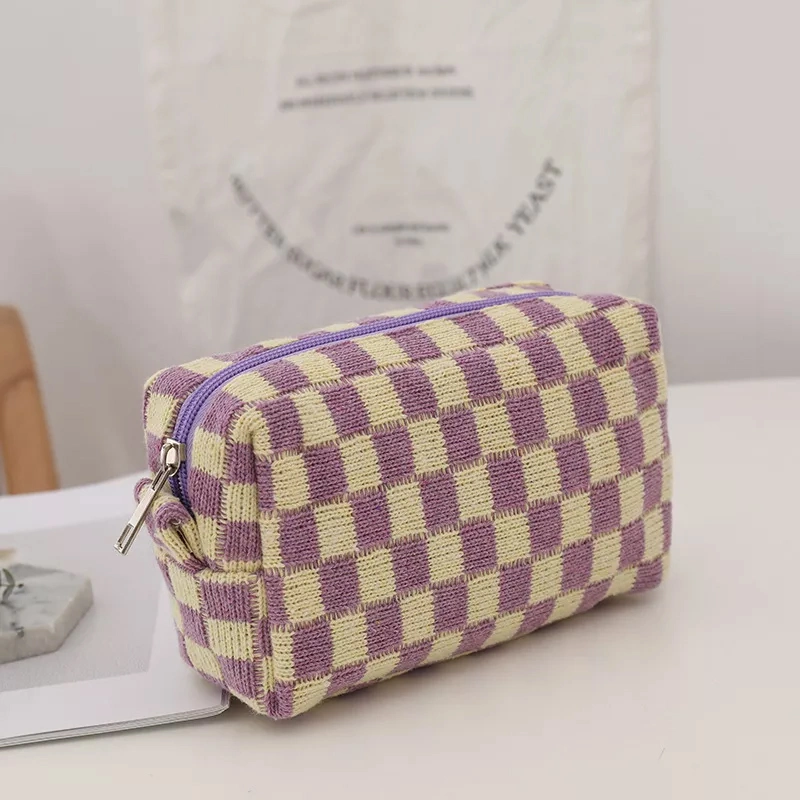 Retro Knit Plaid Portable Travel Cosmetic Storage Bag Women Makeup Organizer Stationery Bag Pencil Case Pen Box Student Supplies