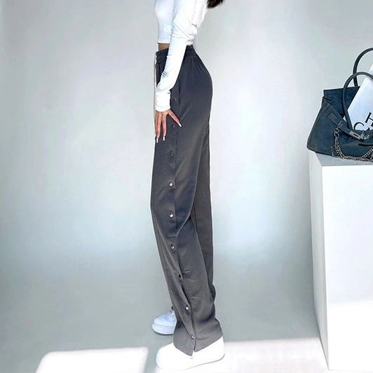 Custom Autumn Winter High Waist Elastic Waist Lady Pants with Button Jogger Sweatpant for Women