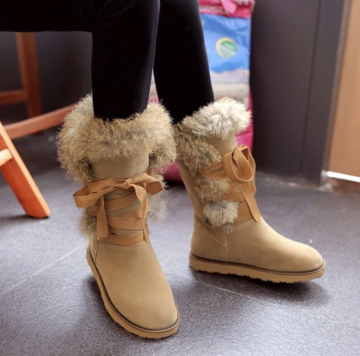 2021 ODM/OEM New Round Head Rabbit Fur Plus Size Women Boots Non-Slip Nubuck Leather Lace up Snow Boots