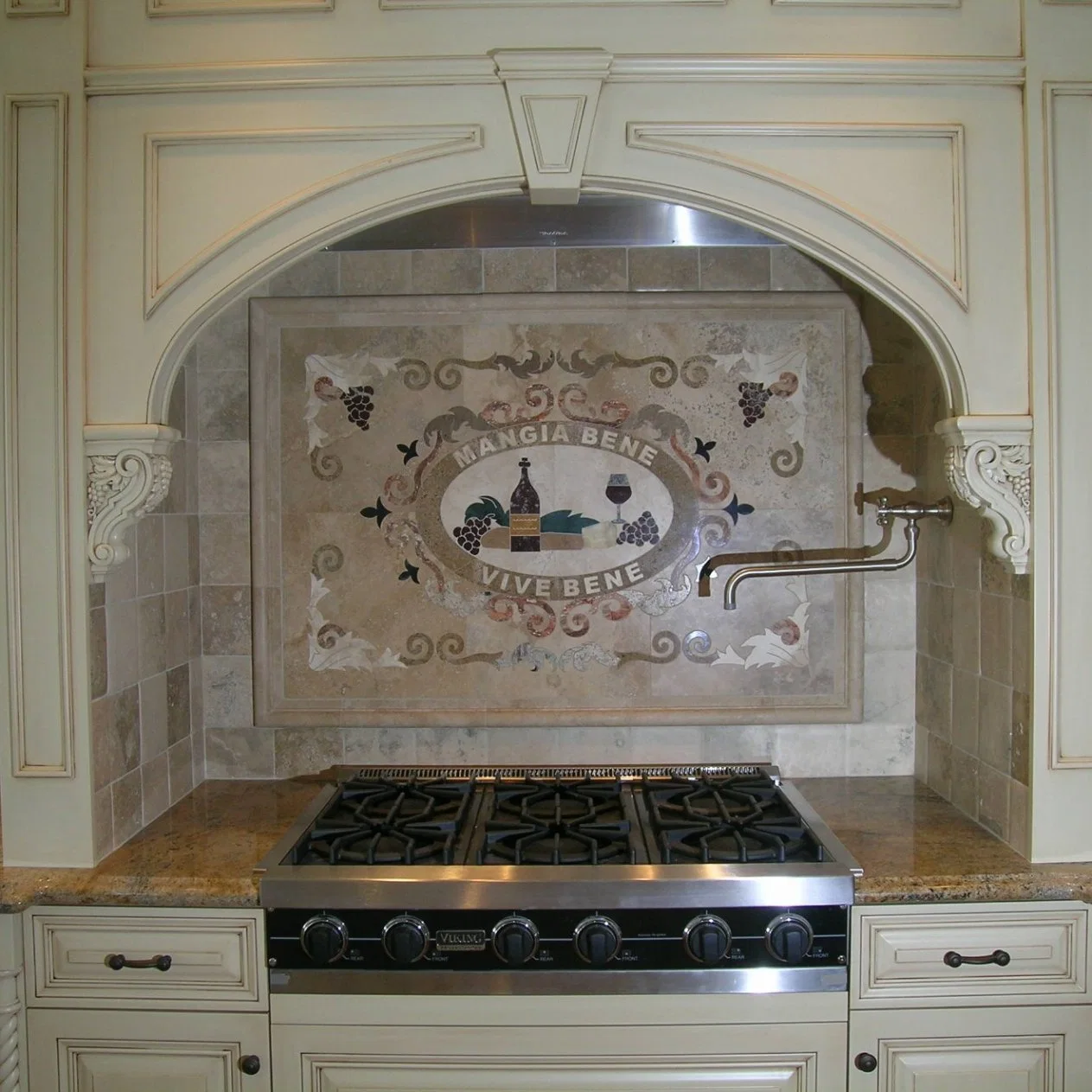 Custom-Made Architectural Stone Waterjet Medallion Kitchen Wine Bottle and Glass Wall Cladding