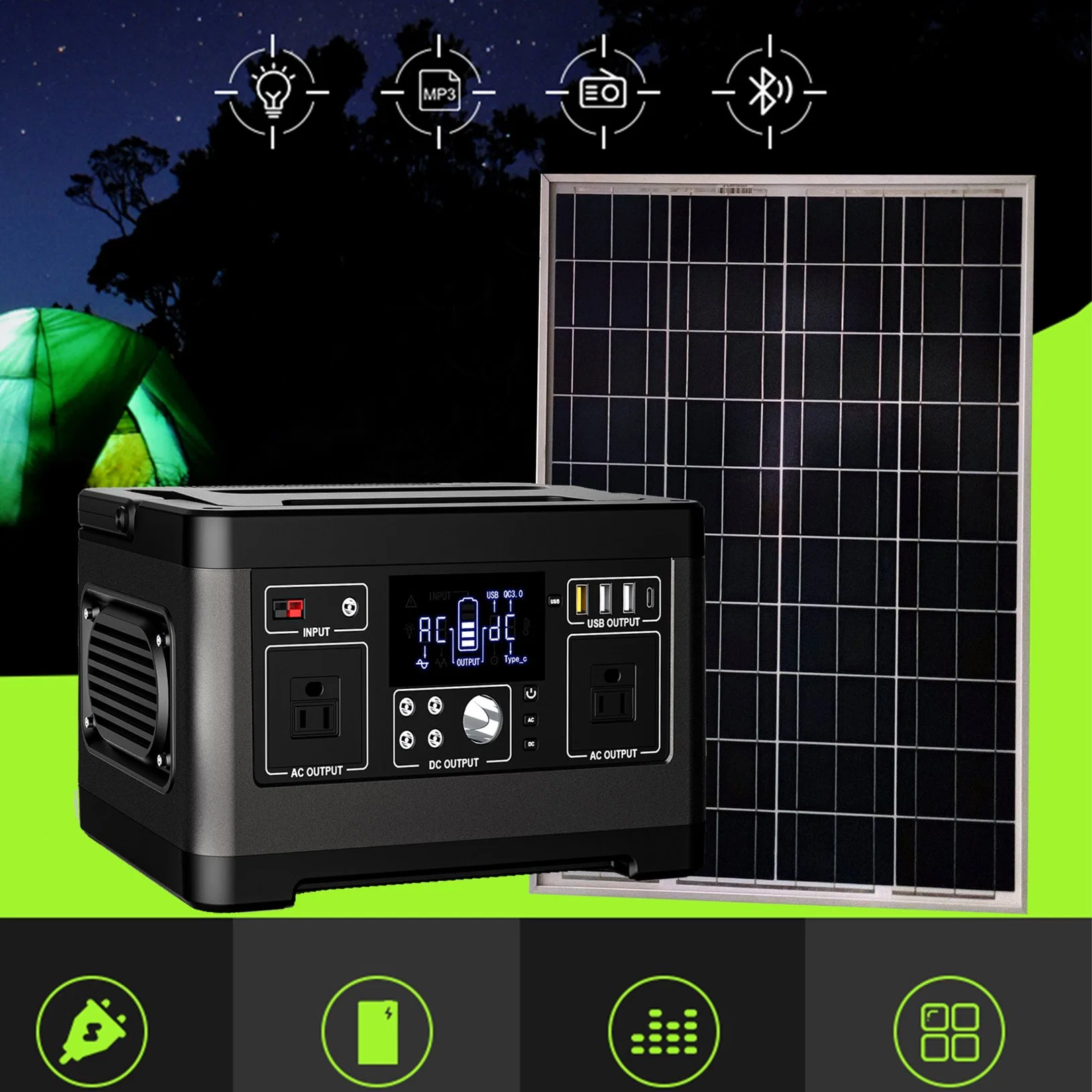 Gadget Solar Kit solar de la estación de energía Portátil 500W Bombilla LED Luz Solar USB Sistema de iluminación de energía doméstica con cargador de móvil