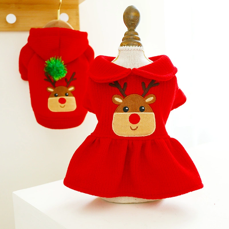 Pet Clothes Autumn and Winter New Products Warm Christmas New Year Festive Christmas Elk Couple Dress Skirt Hoodie