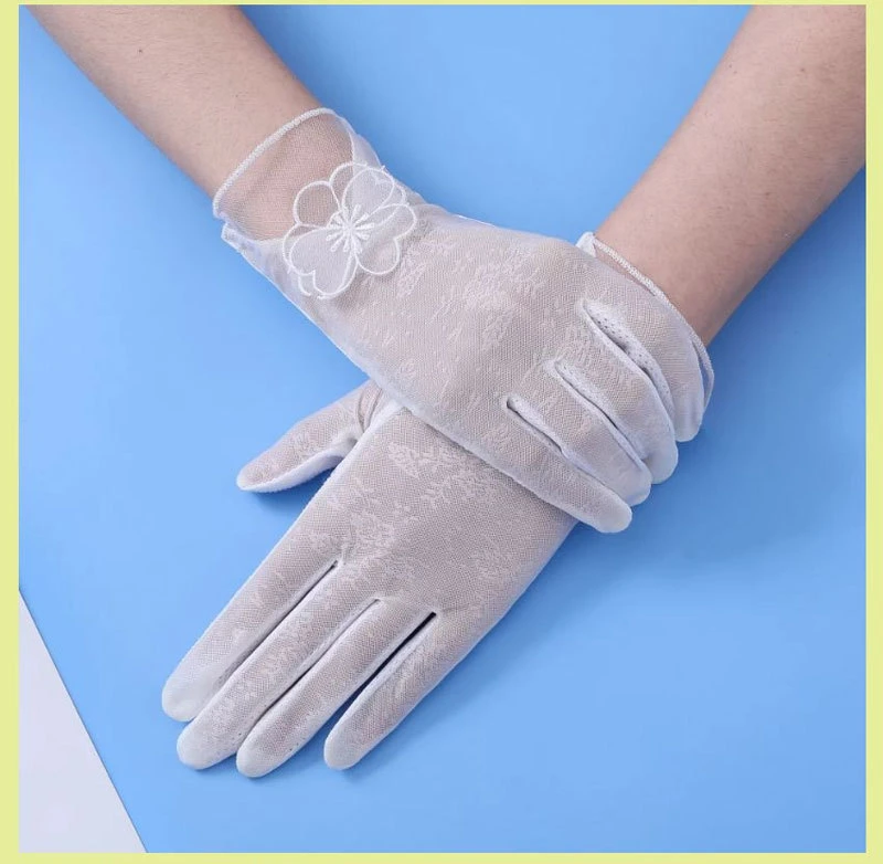 Women's Thin Sunscreen Driving Touch-Screen Ice-Silk Non-Slip Pure White Lace Ceremonial Gloves