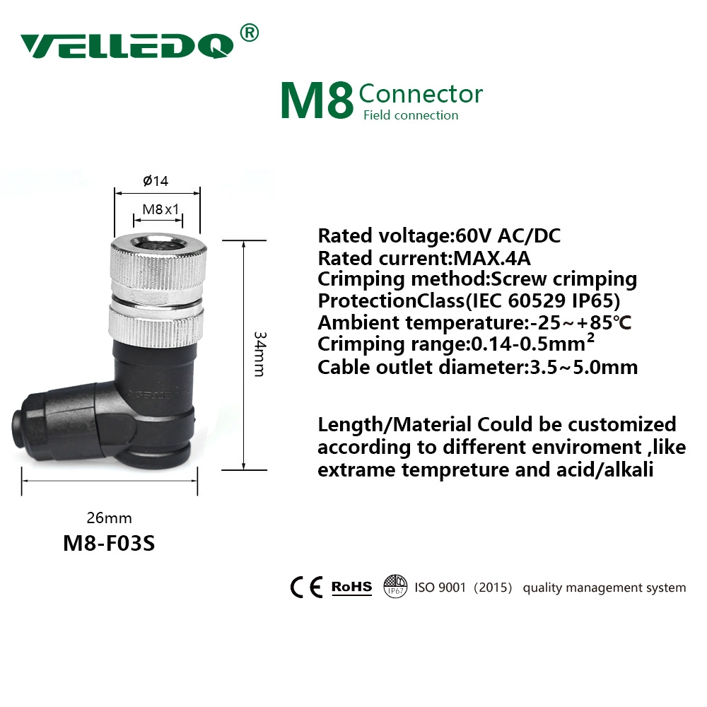 M8 4 Pin Female Right Angle Sensor Connector Round Plug Connector