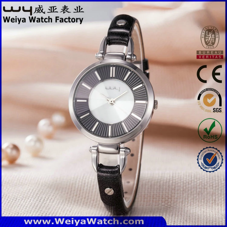 Factory OEM/ODM Leather Strap Quartz Ladies Wrist Watch (Wy-063C)