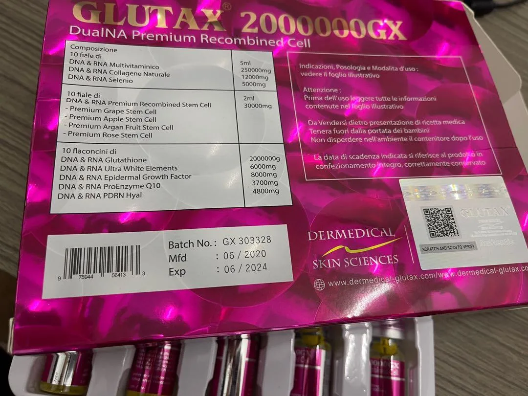 Le glutathion Glutax 2000000d'injection GX 180W Les produits de blanchiment avant et après examen d'injection blanchissant Glutax Glutax 2000GS 20000GR