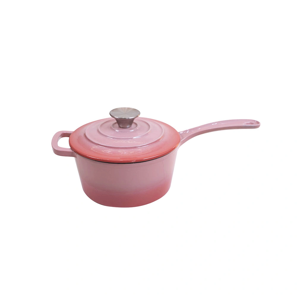 1,5qt Fabricación de esmalte rosa Hierro fundido Cookware salsa de mango largo Olla