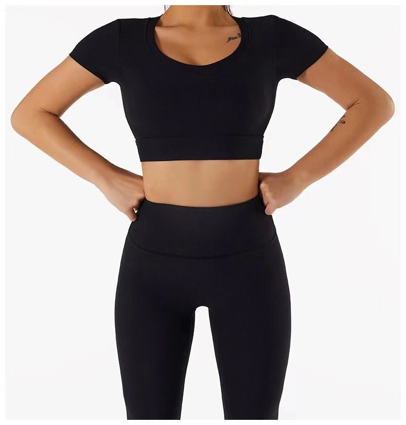 Ladies Sport Short Sleeve Suits Gym Wear Fitness Sportswear Short Pants Crop Top Set