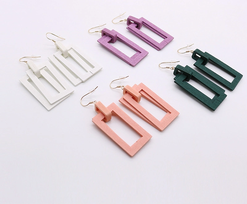 Korean Style Geometric Rectangular Eardrop Wooden Earrings