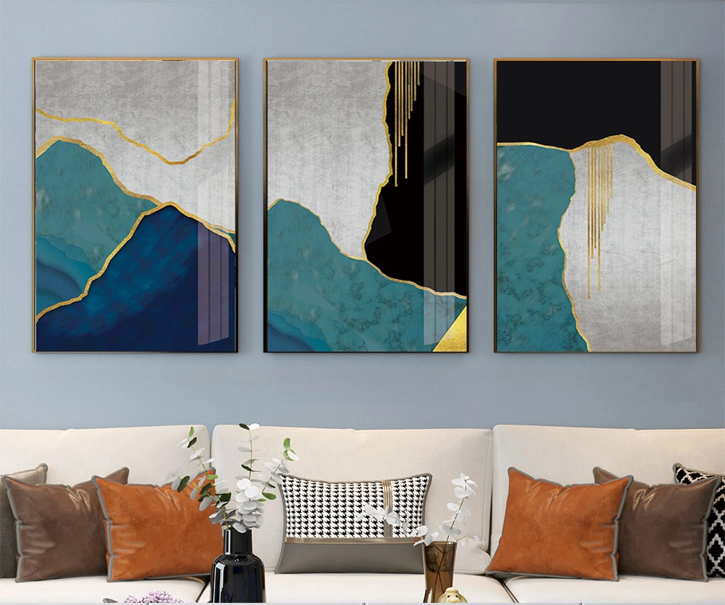 Atacado Golden Floating Frame Wall Art 3 Panel Abstract Modern Desenho pintura Canvas