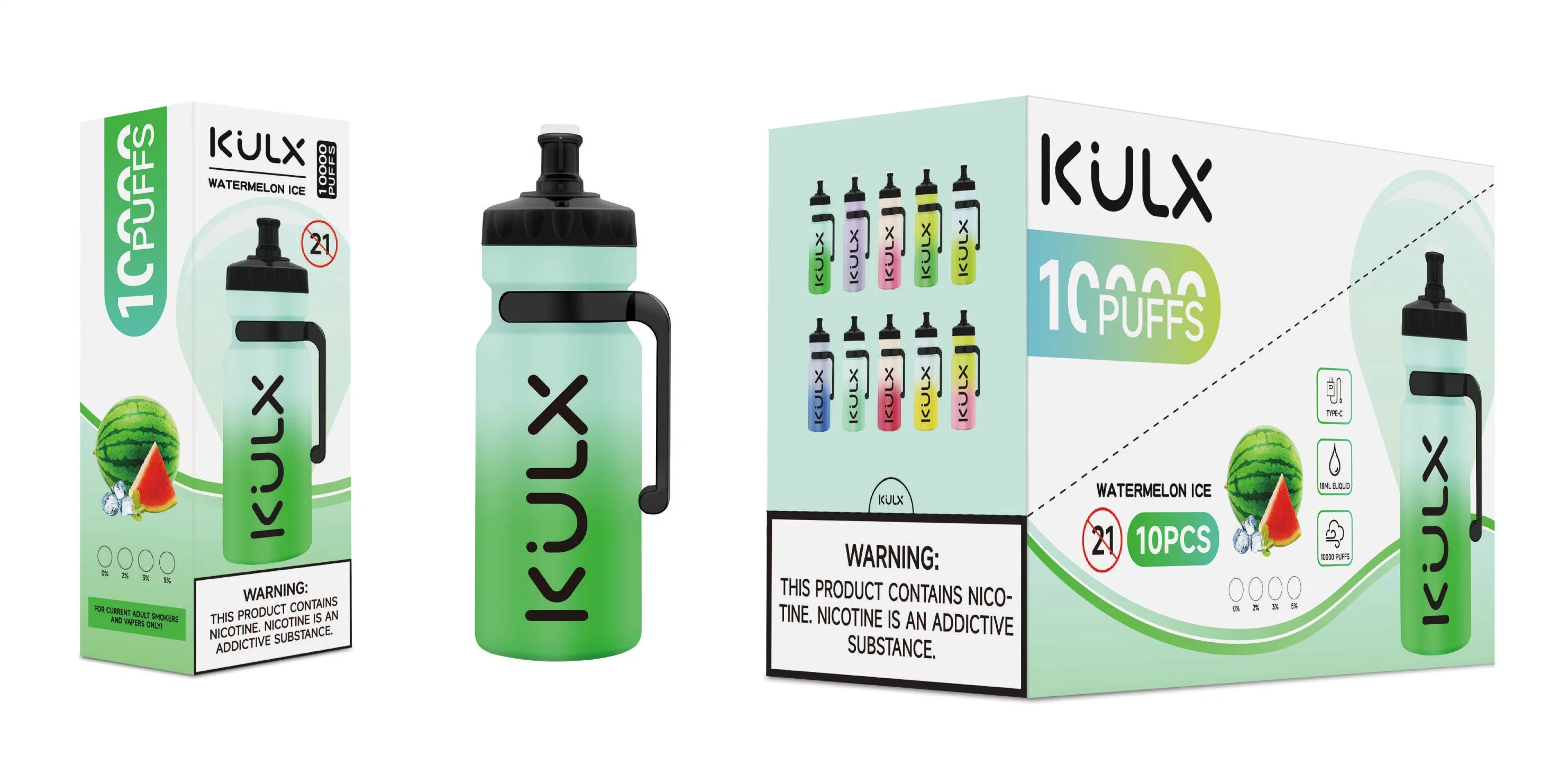 أطواق أصلية من Kulx 10000 مع بطارية 600 مللي أمبير/ساعة قابلة لإعادة الشحن ممتلئة مسبقًا سعة 18 مل قلم سجائر لتجارة الجملة E-Cigarette