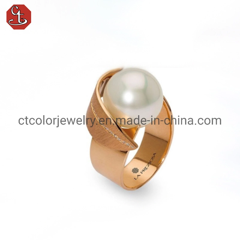 Fashion Design White Zircon 14k Electroplated Pearl Ring Silver Jewelry