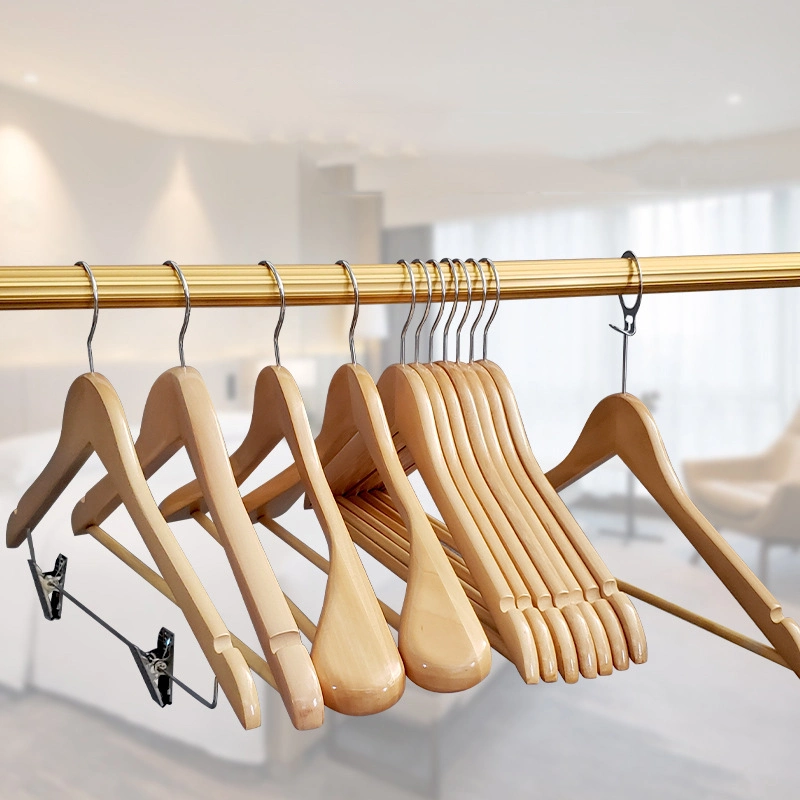 High-Quality Hotel Wooden Hangers of Solid Wood in Natural/Dark/Cherry Finish with Metal Chrome Hook or Bottom Bar for Coat/Suit/Shirt for Luxurious Hotels