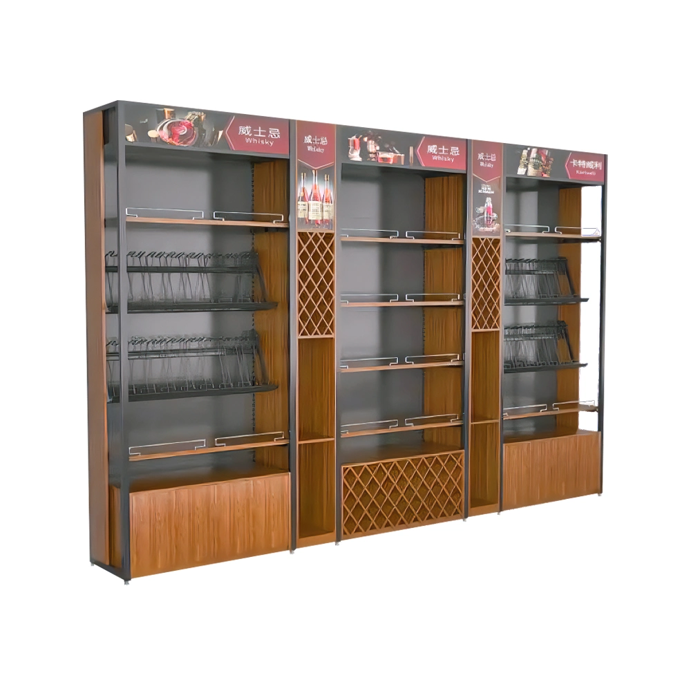 Red Wine Steel and Wood Shelves Supermarket Wine Cabinet Shelves Display Rack