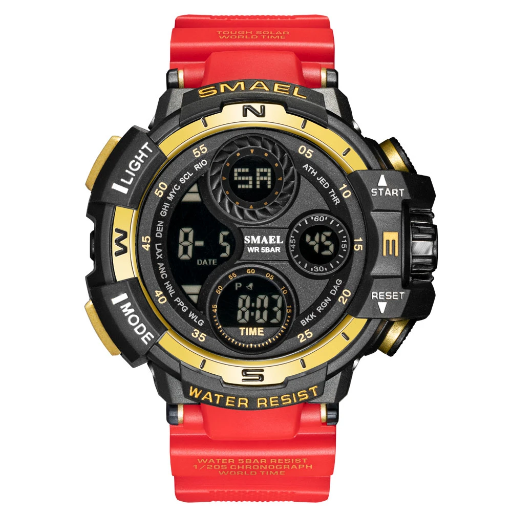 Montre sport à cadran large et affichage rouge, vente à chaud à l'échelle transfrontalière Montre électronique à alarme étanche multicolore