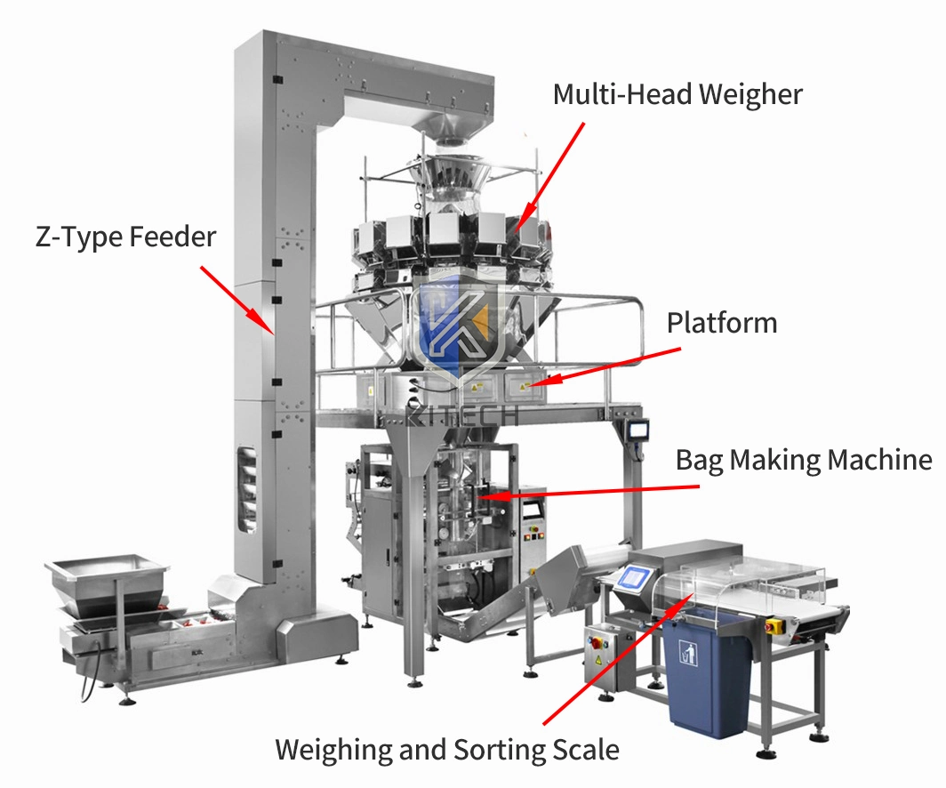 Automatic Vertical Food/Snack/Beans/ Grain/Rice/Nuts/Peanut/Sugar/Beans/Salt /Granule /Coffee/Tea/Popcorn Filling Multihead Weigher Packing Packaging Machine