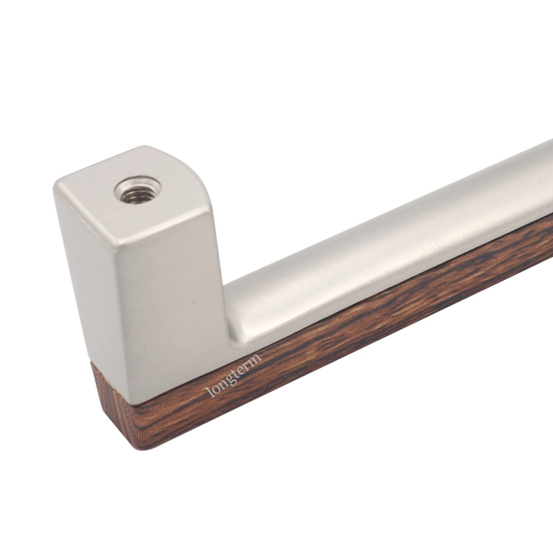 Zinc Alloy Brushed Satin Nickel and Wood Grain Cabinet Handle