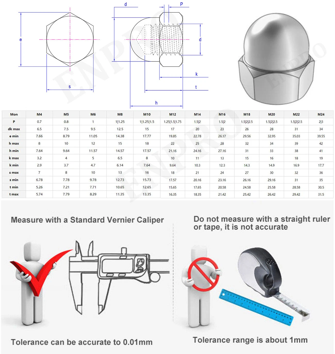 M8 en forme de dôme hexagonale en acier inoxydable 304 Acorn écrou borgne