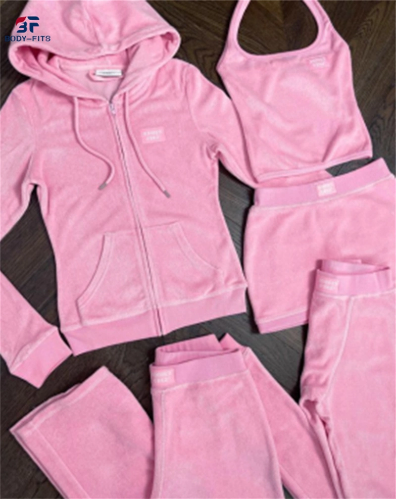 2022 Autumn Custom Logo Pink Streetwear Terry Towel Bodysuit Tracksuits Vest Short Sweatshirt Pants 2 Piece Set Women's Sets