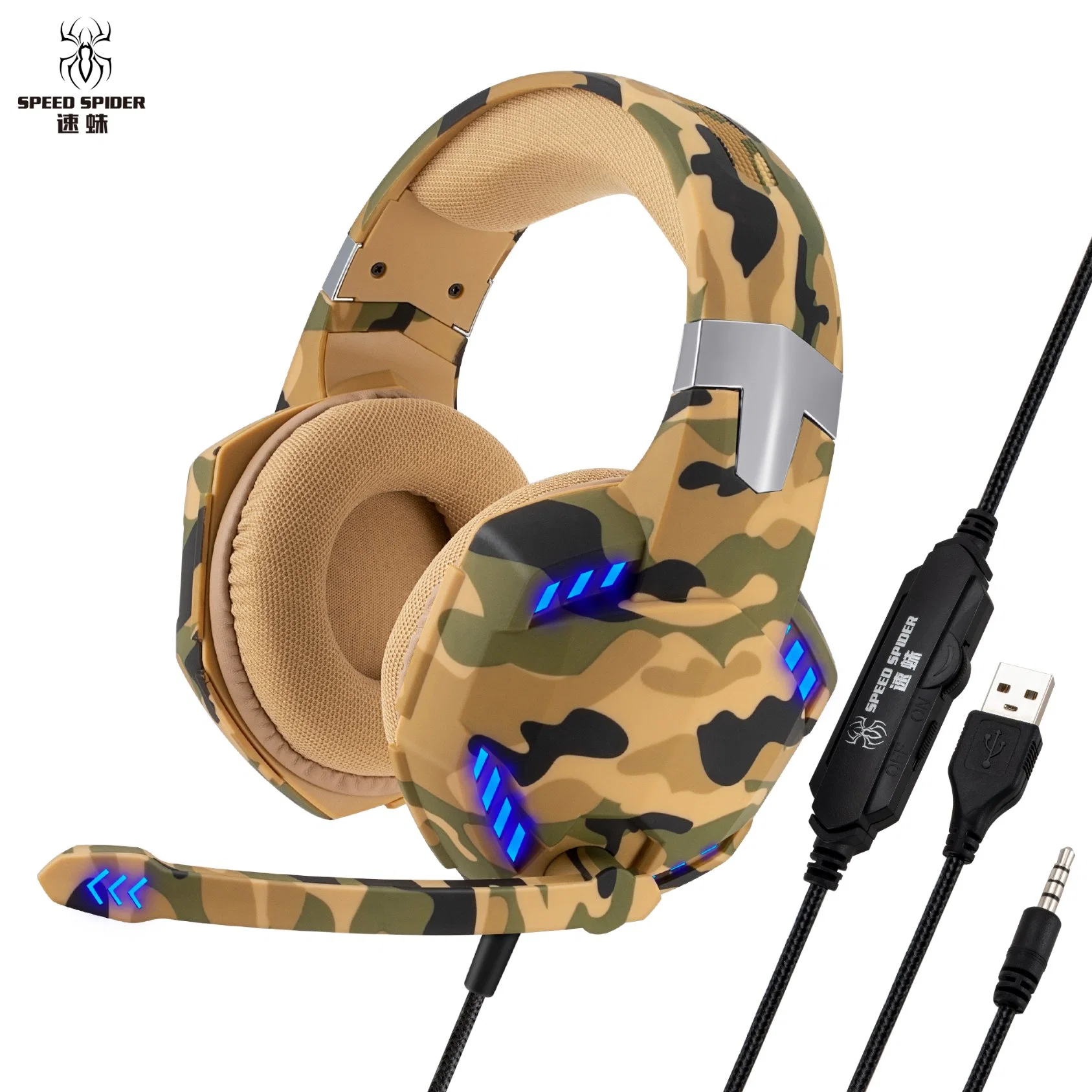 Camo Featured LED Light 50mm Wired Overhead Gaming Headphone with Mic