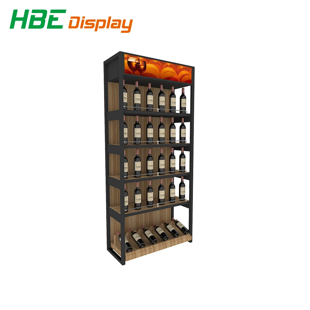 Supermarket Grocery Store Wooden Wine Bottle Display Shelf with LED Lamp Box