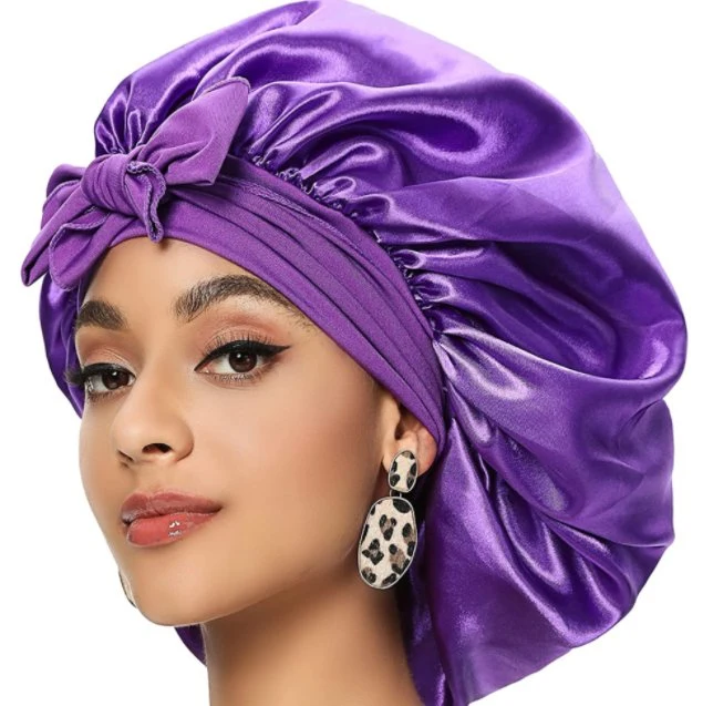 Women Satin Solid Ribbon Headband Night Sleep Oversized Shower Cap