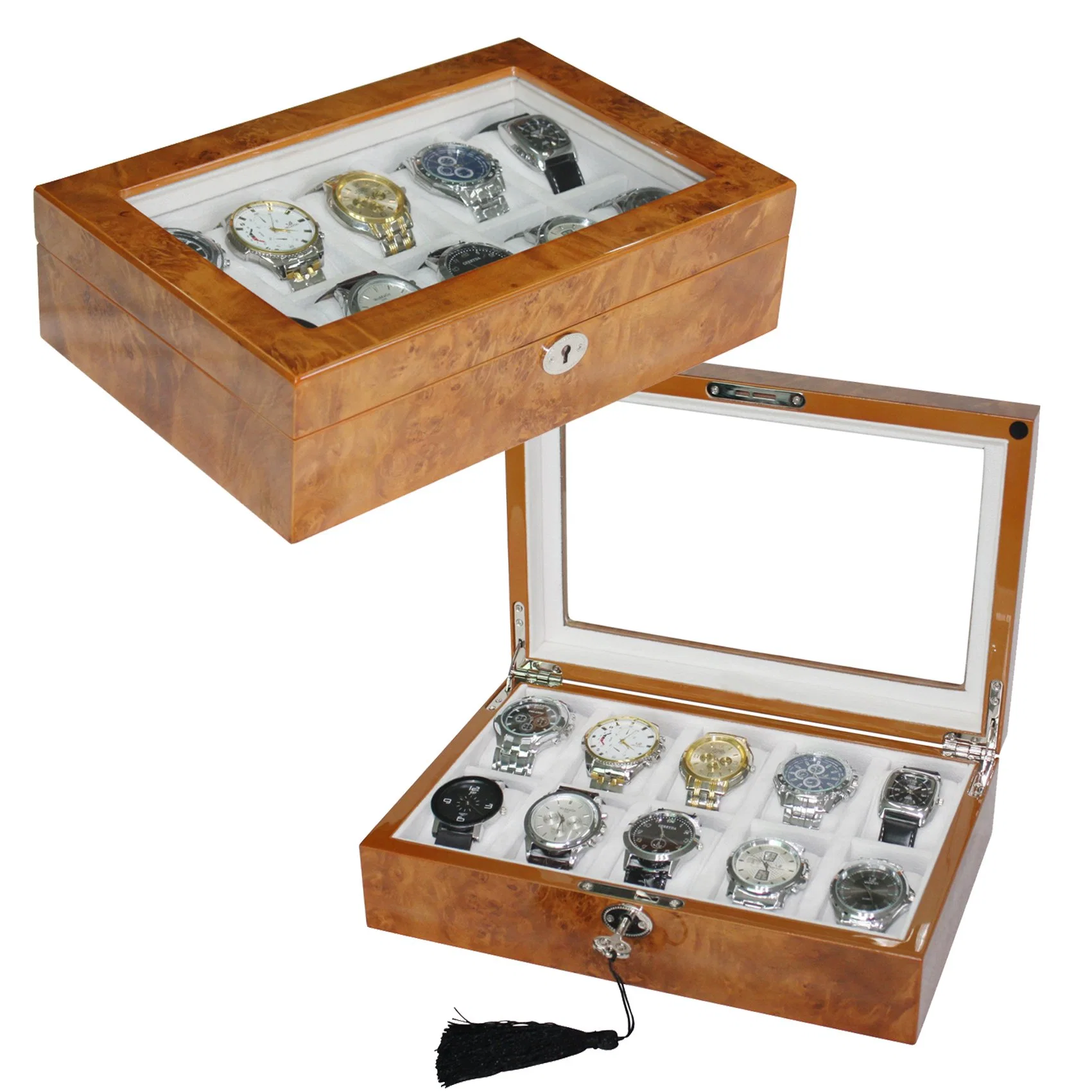 Caja de reloj de cuero de lujo con ventana pluma para 10 relojes Almacenamiento