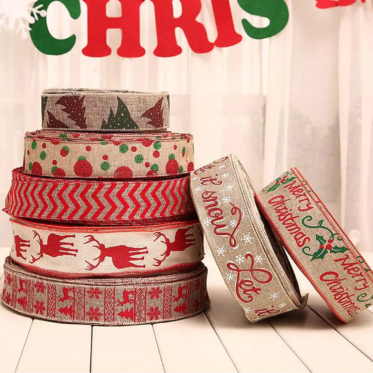 Merry Christmas Decor Deer Printed Gift Ribbons Roll Christmas Wired Edge Ribbon