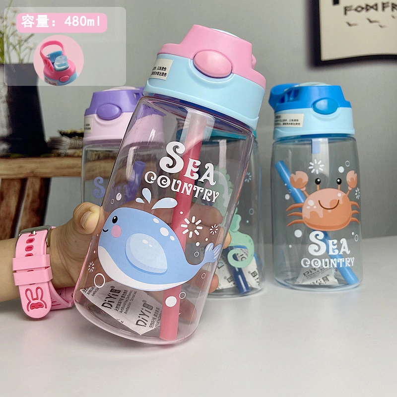 Plastic Kids Water Bottle with Straw Cute Printing Child Drink Kids Water Bottle