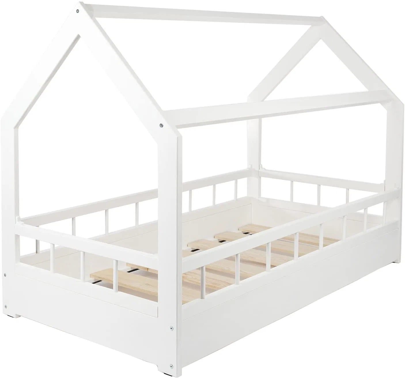 Amazon Hot-Selling Wooden House Beds Children Beds in White with Guard Bar