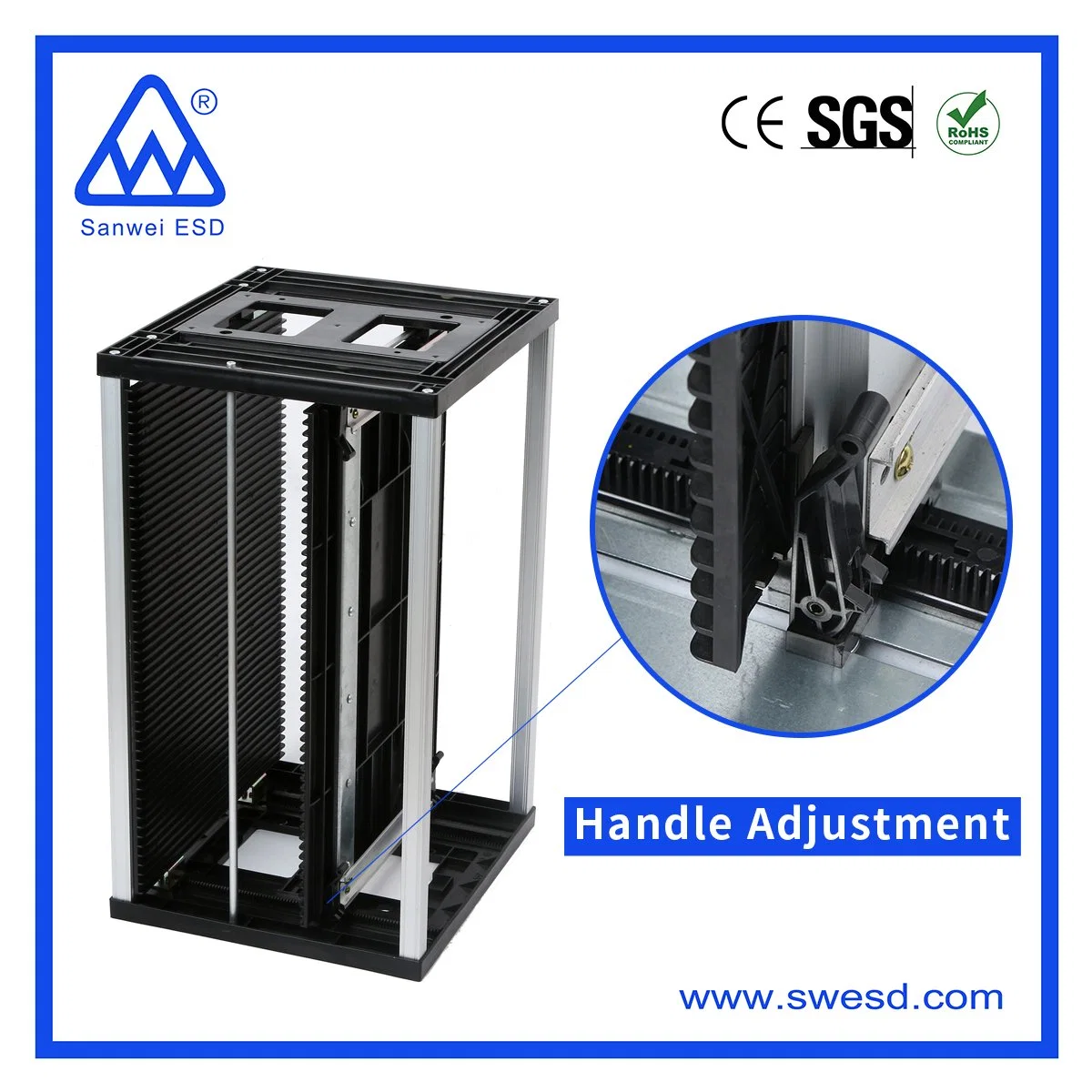 ESD Aluminum Alloy Adjustable SMT Magazine Storage Rack PCB Carrier