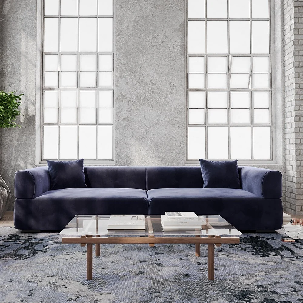 110" minimalistisches Deep Seat Sofa mit Rollarm, Wildleder Stoff, dunkelblaue Farbe Wohnzimmer Couch