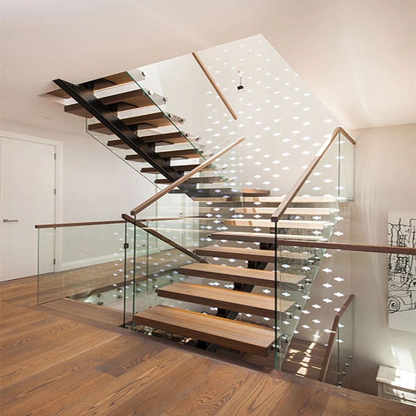 Carbon Steel Metal Wood Marble Step with Safety Glass Handrail