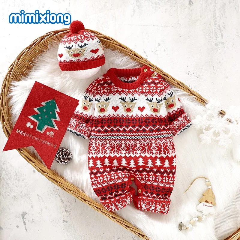 Baby Christmas Clothes Suit Elk Heart Knitted Romper Sets with Ball Hat